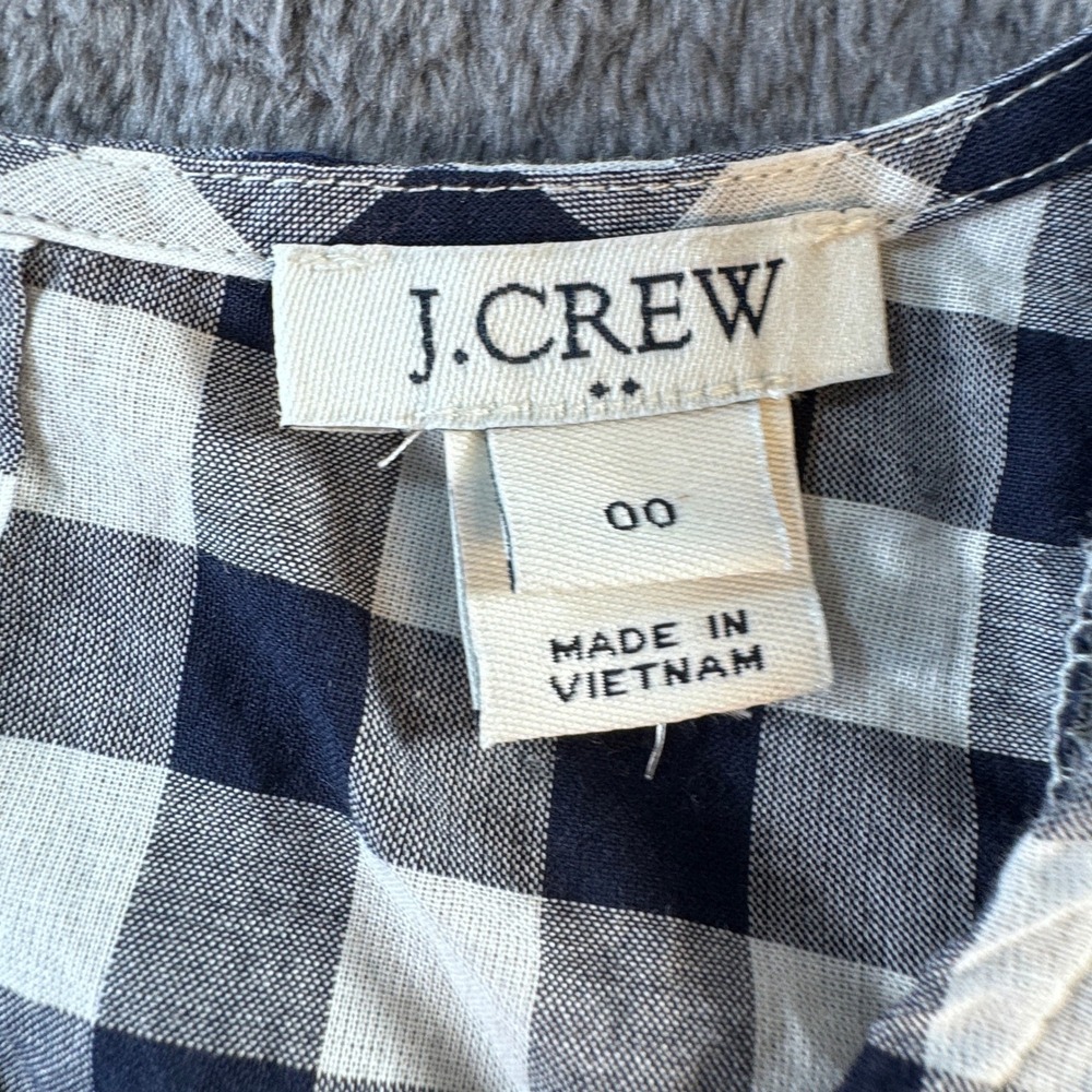 Gingham J. Crew Womens Navy Blue White Ruffle Sleeveless Cotton Top Size 00 - Picture 5 of 6